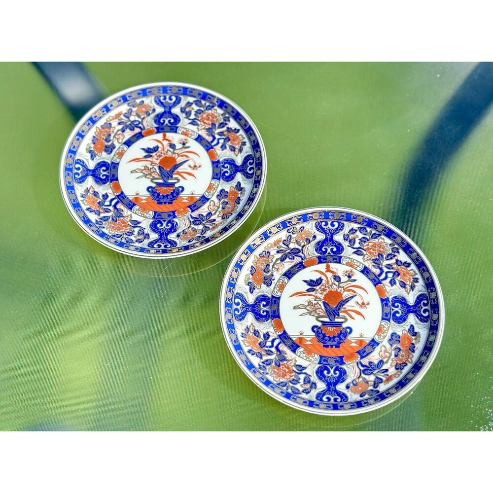 2 Imari Style Plates Cobalt Blue Gold Floral Japanese Porcelain Kutani 6.5”
